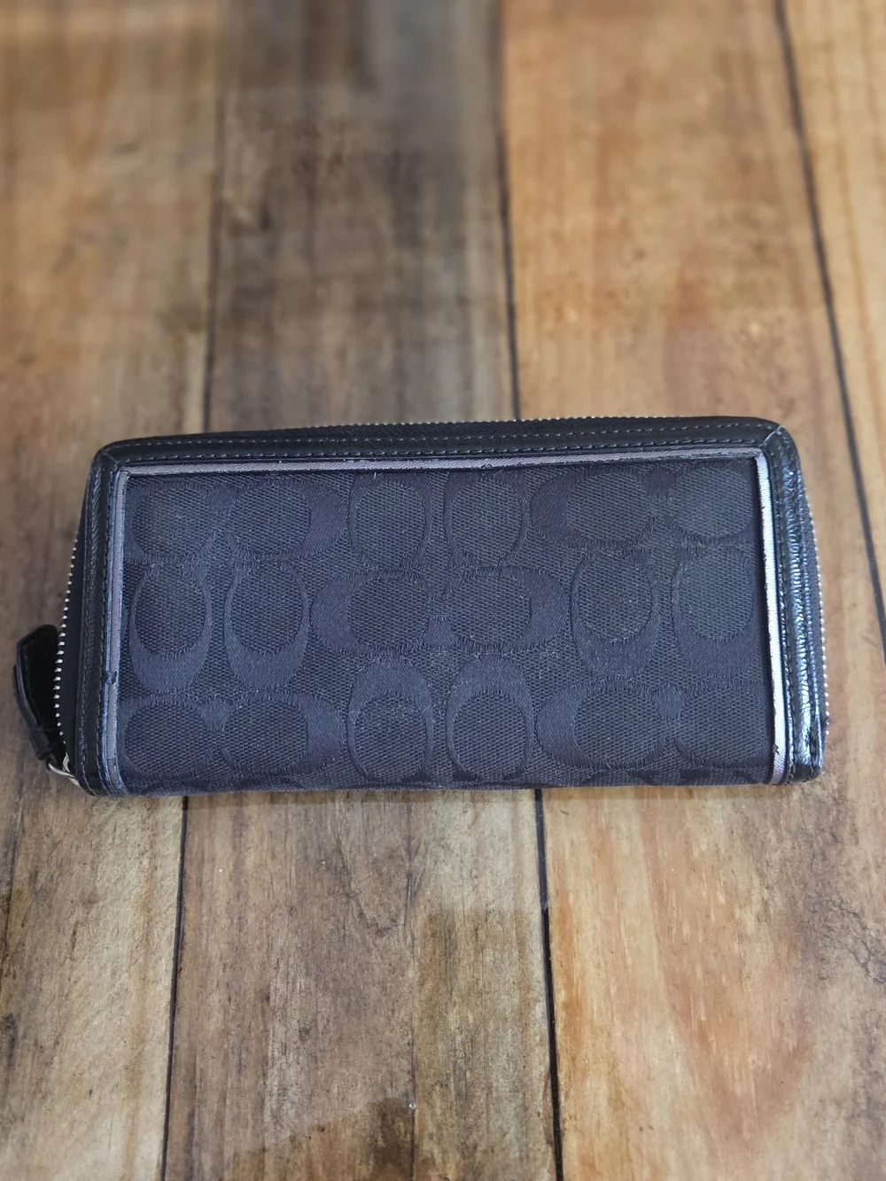 Coach Black Signature Zip-Around Wallet with Bow Charm